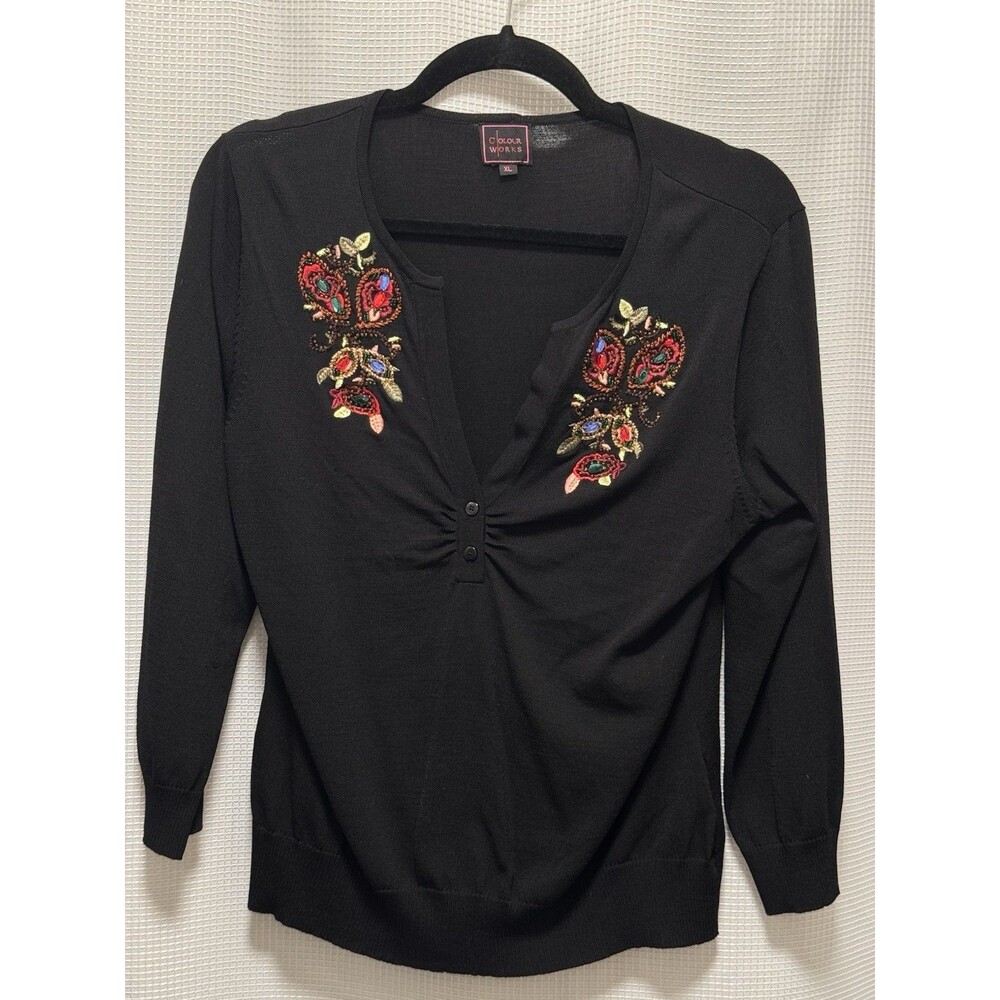 Colour Works Women’s XL Black Embroidered Beaded Floral Sweater Top Rayon Nylon